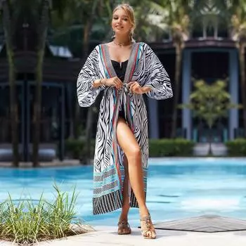 EDOLYNSA Купальник с принтом зебры, накидка в стиле ретро с принтом на шнуровке, женское летнее длинное платье-кимоно, пляжная одежда, накидка на бикини Q1521 белый