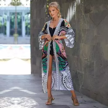 EDOLYNSA Купальник в этническом стиле, накидка в стиле ретро с принтом на шнуровке, женское летнее длинное платье-кимоно, пляжная одежда, накидка на бикини Q1521 белый