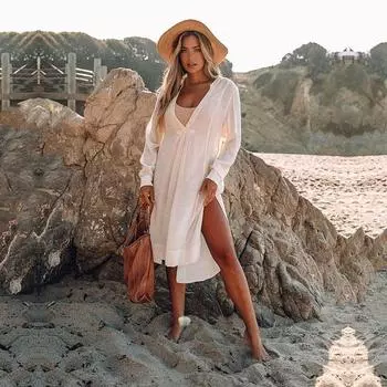 EDOLYNSA Купальники Женская накидка на бикини Сексуальная рубашка с v-образным вырезом с длинным рукавом Солнцезащитное платье Женская летняя одежда Пляжная одежда Купальники Cover Up Q1468 One Size красный