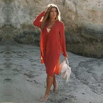 EDOLYNSA Купальники Женская накидка на бикини Сексуальная рубашка с v-образным вырезом с длинным рукавом Солнцезащитное платье Женская летняя одежда Пляжная одежда Купальники накидка One Size красный