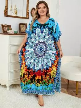 EDOLYNSA лестное синее богемное пляжное платье большого размера, халат, кафтан, домашнее платье, платье Moo Moo, купальный костюм, вечернее свежее платье Q1464 One Size разноцветный