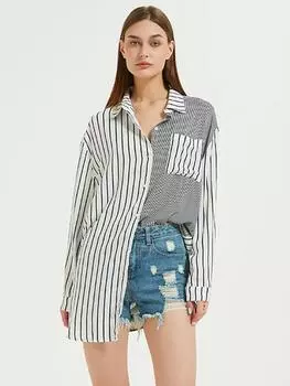 EDOLYNSA летнее полосатое платье-рубашка с длинным рукавом, пляжная одежда, воротник на пуговицах, лоскутное платье с рюшами, курортная одежда, повседневная туника, Vestidos белый