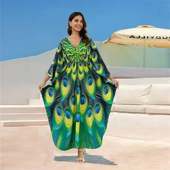 EDOLYNSA летнее шикарное свободное пляжное платье-кафтан с принтом зеленого павлина 2024 года для женщин, праздничная домашняя одежда с V-образным вырезом, пляжная одежда, купальник, накидка Q1588 One Size зелёный