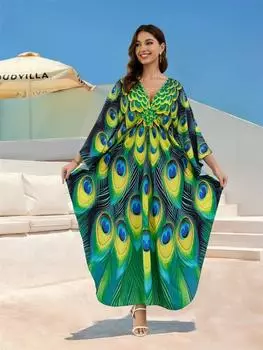 EDOLYNSA летнее шикарное свободное пляжное платье-кафтан с принтом зеленого павлина 2024 года для женщин, праздничная домашняя одежда с V-образным вырезом, пляжная одежда, купальник, накидка Q1588 One Size зелёный