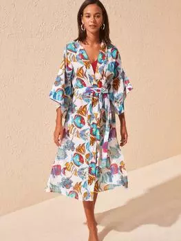 EDOLYNSA Летние платья с v-образным вырезом с принтом тропических рыб и поясом с разрезом по бокам, хлопковая туника, женская пляжная одежда, платье миди в стиле бохо One Size разноцветный