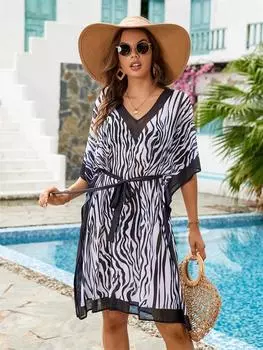 EDOLYNSA Летние женские платья-кафтан с принтом зебры и v-образным вырезом с рукавами «летучая мышь» Сексуальная пляжная одежда Купальник Прикрытие Бохо Отпускная одежда One Size чёрный