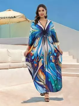 EDOLYNSA Летний женский отпуск Boho Синий цветочный принт с v-образным вырезом и рукавами «летучая мышь» Свободный кафтан 2024 Купальники Cover Up Повседневная пляжная одежда Q1588 One Size синий