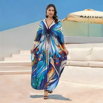 EDOLYNSA Летний женский отпуск Boho Синий цветочный принт с v-образным вырезом и рукавами «летучая мышь» Свободный кафтан 2024 Купальники Cover Up Повседневная пляжная одежда Q1588 One Size синий