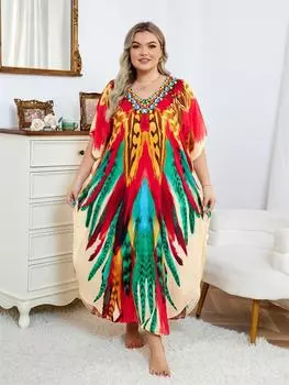 EDOLYNSA 2024 Лето Плюс Размер Богемный Красный Печатный V-образный вырез Кафтан Женский Сексуальный Пляжная Одежда Купальник Накидки Праздничное Пляжное Платье One Size красный