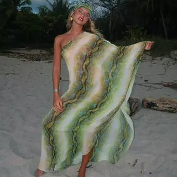 EDOLYNSA Лето 2024, сексуальная пляжная одежда с принтом, купальник, накидка на одно плечо, прозрачное свободное женское платье макси, пляжный наряд для отпуска A2858 S зелёный