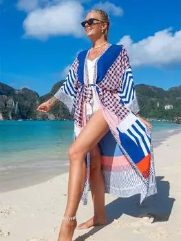 EDOLYNSA модные платья-кимоно с поясом и принтом, большие размеры, домашнее платье с открытой передней частью, 2024, женское летнее праздничное пляжное бикини, накидки Q1414 One size синий