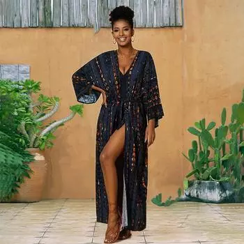 EDOLYNSA накидки на бикини, длинная туника, сексуальное платье-кимоно, богемное платье в полоску с галстуком-краской, женская пляжная одежда больших размеров, купальный костюм, накидка Q1314 One size темно-синий