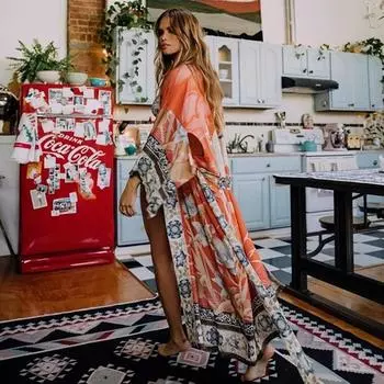 Женское длинное кимоно в богемское стиле One Size красный