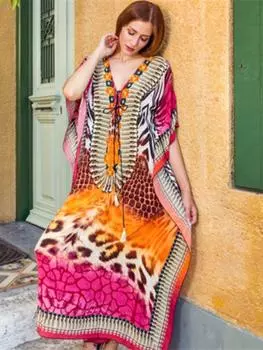 EDOLYNSA Накидки на бикини с принтом в стиле бохо, элегантный кафтан с v-образным вырезом и коротким рукавом, большие размеры, летняя женская пляжная одежда, накидка на купальный костюм Q1258 One Size красный