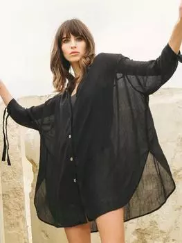 EDOLYNSA Новые черные накидки на бикини, сексуальные пуговицы спереди, большие размеры, женские топы, рубашки для пляжной одежды, купальный костюм, блузка Q1233 One Size чёрный