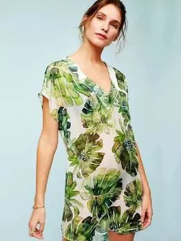 EDOLYNSA Туника с принтом пальмы Шифон Бикини Накидки Пляжное мини-платье Парео Саронг Купальники Туника Купальник Накидка Пляжный халат One Size зелёный