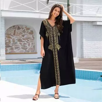 EDOLYNSA Boho Gold Вышитый Напечатанный Рукав Летучая Мышь Платье Кафтан Для Женщин Сексуальный V-образный Вырез Пляжная Одежда Купальник Для Отдыха Накидки Q1700 One Size чёрный