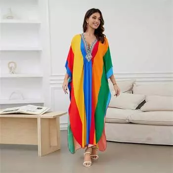EDOLYNSA Пляжное платье ручной вязки с v-образным вырезом и рукавами «летучая мышь» в стиле бохо, лето 2024, женское свободное кафтан, пляжная одежда, купальник, накидка One Size разноцветный