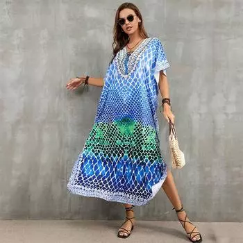 EDOLYNSA Плюс Размер африканское платье-кафтан для женщин с рукавами «летучая мышь», кафтан, свободная курортная одежда, лето 2023, длинные топы с принтом Q1383 One size синий