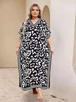 EDOLYNSA Плюс Размер Boho Черно-Белый Леопардовый Принт Кафтан Пляжная Одежда Купальник Для Женщин 2024 Летнее Пляжное Платье Свободные Домашние Платья-Кафтан Q1609 One Size чёрный