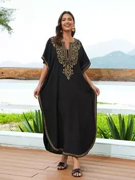 EDOLYNSA плюс размер черный кафтан с вышивкой летнее длинное пляжное платье женская домашняя одежда наряд купальный костюм накидка свободный кафтан One Size чёрный