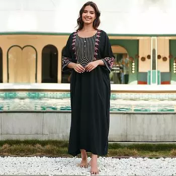 EDOLYNSA плюс размер черный кафтан с вышивкой, черное летнее длинное пляжное платье, женская домашняя одежда, купальный костюм, накидка, свободный кафтан