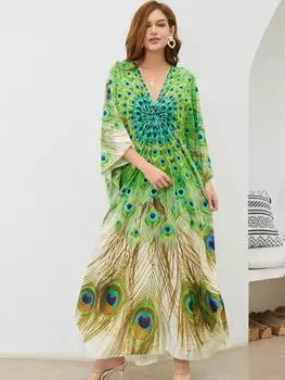 EDOLYNSA плюс размер кафтан богемный зеленый павлин с принтом летнее длинное пляжное платье женская домашняя одежда наряд купальный костюм накидка свободный кафтан One Size зелёный