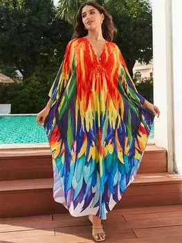 EDOLYNSA плюс размер кафтан красный богемный принт летнее длинное пляжное платье женская домашняя одежда наряд купальный костюм накидка свободный кафтан One Size красный