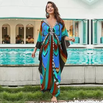 EDOLYNSA плюс размер кафтан красный богемный принт летнее длинное пляжное платье женская домашняя одежда наряд купальный костюм накидка свободный кафтан One Size красный
