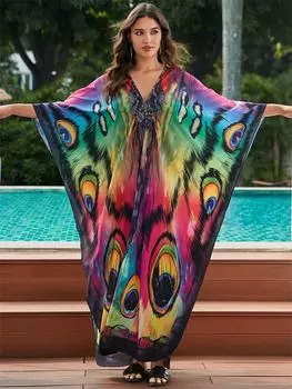 EDOLYNSA плюс размер кафтан разноцветный богемный принт с летним длинным пляжным платьем женская домашняя одежда наряд купальный костюм накидка свободный кафтан One Size разноцветный