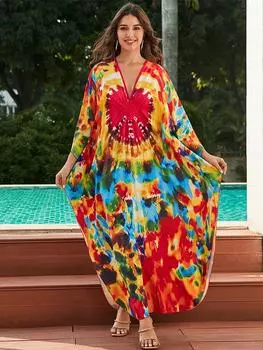 EDOLYNSA плюс размер кафтан разноцветный богемный принт с летним длинным пляжным платьем женская домашняя одежда наряд купальный костюм накидка свободный кафтан One Size разноцветный