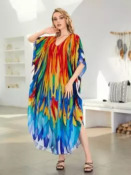 EDOLYNSA плюс размер кафтан разноцветный богемный принт с летним длинным пляжным платьем женская домашняя одежда наряд купальный костюм накидка свободный кафтан