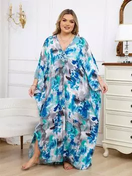 EDOLYNSA плюс размер кафтан с богемным принтом, летнее длинное пляжное платье, женская домашняя одежда, купальный костюм, накидка, свободный кафтан One Size синий