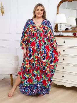 EDOLYNSA плюс размер кафтан с богемным принтом, летнее длинное пляжное платье, женская домашняя одежда, купальный костюм, накидка, свободный кафтан One Size красный