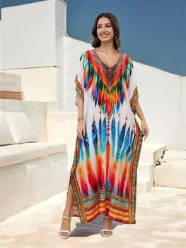 EDOLYNSA Плюс размер кафтан с v-образным вырезом и коротким рукавом, разноцветное летнее пляжное платье с принтом перьев, 2024, женская домашняя одежда, купальник, свободный кафтан One Size оранжевый