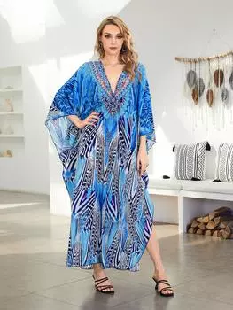 EDOLYNSA плюс размер кафтан синий богемный принт с летним длинным пляжным платьем женская домашняя одежда наряд купальный костюм накидка свободный кафтан One Size синий