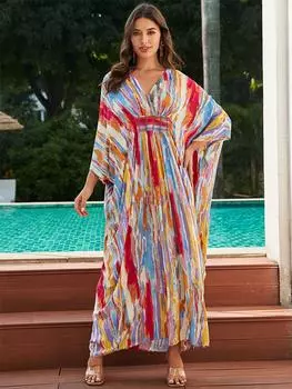 EDOLYNSA плюс размер кафтан в богемном стиле, разноцветное летнее длинное пляжное платье, женская домашняя одежда, купальный костюм, накидка, свободный кафтан One Size разноцветный