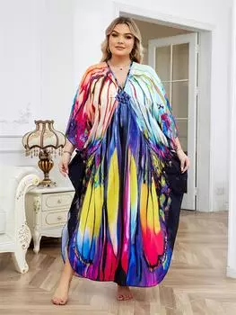 EDOLYNSA Плюс Размер Многоцветный Печатный Кафтан Платье Для Женщин Наряд Бохо Отдых V-образным Вырезом Сплит Халат Летняя Пляжная Одежда Купальник Прикрыть Q1588 One Size разноцветный