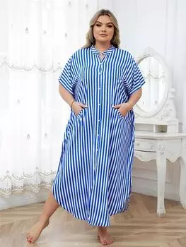 EDOLYNSA плюс размер женский кафтан в стиле бохо с принтом стоячий воротник на пуговицах платье-рубашка для отдыха пляжная одежда купальный костюм прикрытие свободный наряд Q1681 One Size синий