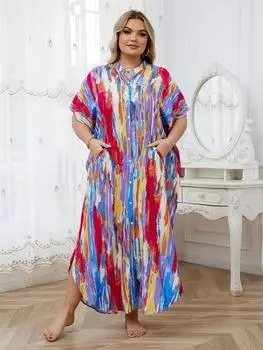 EDOLYNSA плюс размер женский кафтан в стиле бохо с принтом стоячий воротник на пуговицах платье-рубашка для отдыха пляжная одежда купальный костюм прикрытие свободный наряд Q1681 One Size разноцветный