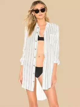 EDOLYNSA Полосатое офисное женское сексуальное платье-туника с v-образным вырезом и длинными рукавами для женщин, осень 2024, белая короткая длинная блузка спереди Vestidos Q762 One Size белый