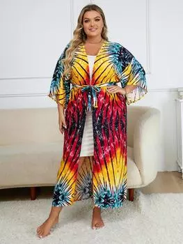 EDOLYNSA Полосатое желтое женское богемное кимоно-кардиган, туника, накидка для отдыха, шикарный яркий цветной пляжный наряд, халат Q1512 One Size разноцветный