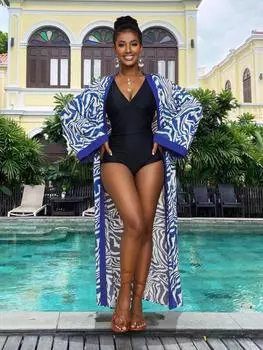 EDOLYNSA повседневное длинное кимоно в полоску Zabra, купальный костюм, накидки, летняя одежда, женская туника, пляжная одежда, купальный костюм, накидка One Size синий