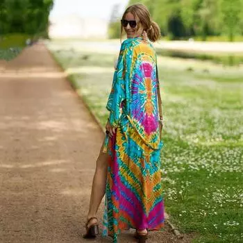 EDOLYNSA повседневное кимоно с длинными рукавами и принтом, платье-кимоно, халат, женская летняя пляжная одежда, купальник, накидка, пляжный отдых, солнцезащитная одежда Q1451 One size зелёный