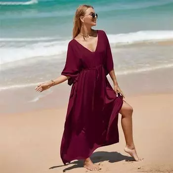 EDOLYNSA повседневное однотонное длинное кафтан свободное платье макси с v-образным вырезом и половиной рукавов летняя одежда женская пляжная одежда купальный костюм Q1496 One Size чёрный