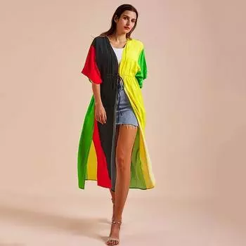 EDOLYNSA повседневное синее длинное кимоно с вышивкой, кардиган, бикини, платье с запахом, пляжная одежда, купальник, накидка Q1489 One Size разноцветный
