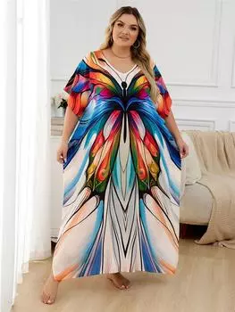 EDOLYNSA Повседневные платья-кафтаны для женщин 2024 года Платье в стиле бохо с принтом Свободная легкая куртка Купальный костюм Накидка для отпуска Пляжные накидки One Size разноцветный