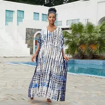 EDOLYNSA Повседневный кафтан с принтом тай-дай, халат в полоску с v-образным вырезом и рукавами «летучая мышь», 2023, женская пляжная одежда, макси-платья, накидки Q1218 One Size белый