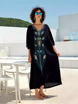 EDOLYNSA Премиум Турецкий халат с вышивкой и вышивкой большого размера, черный свободный женский кафтан с v-образным вырезом, лето 2024, пляжное платье, накидка на купальник Q1671 One Size чёрный