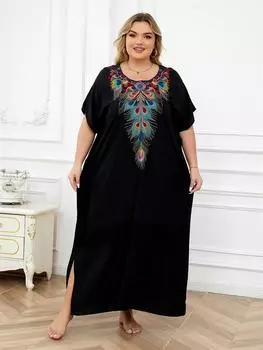 EDOLYNSA Разноцветное вышитое женское свободное черное платье-кафтан для лета 2024 года, бохо-праздничный купальник, накидка, уютный домашний халат One Size чёрный
